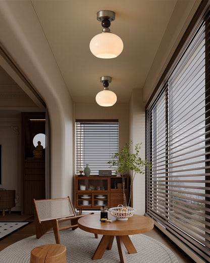 Pearl Sphere Ceiling Lamp | Frosted Glass & Walnut | 18cm Diameter
