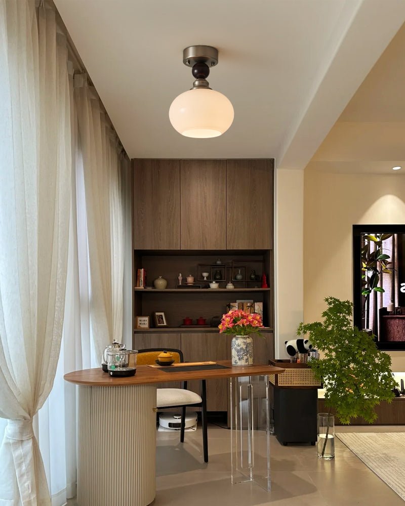Pearl Sphere Ceiling Lamp | Frosted Glass & Walnut | 18cm Diameter