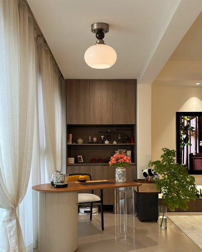 Pearl Sphere Ceiling Lamp | Frosted Glass & Walnut | 18cm Diameter
