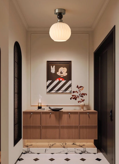 Pearl Sphere Ceiling Lamp | Frosted Glass & Walnut | 18cm Diameter