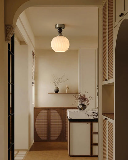Pearl Sphere Ceiling Lamp | Frosted Glass & Walnut | 18cm Diameter