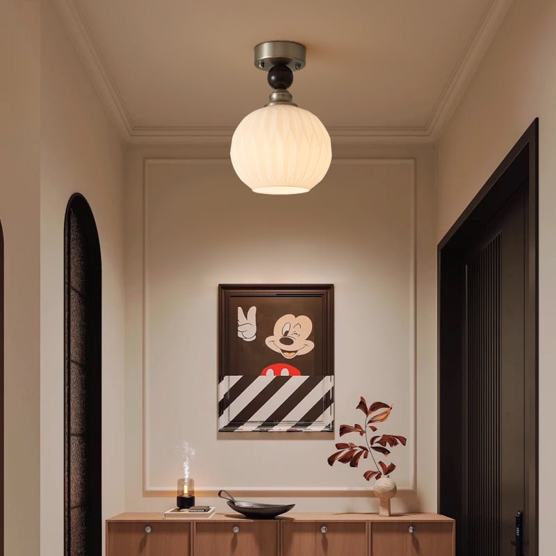 Pearl Sphere Ceiling Lamp | Frosted Glass & Walnut | 18cm Diameter