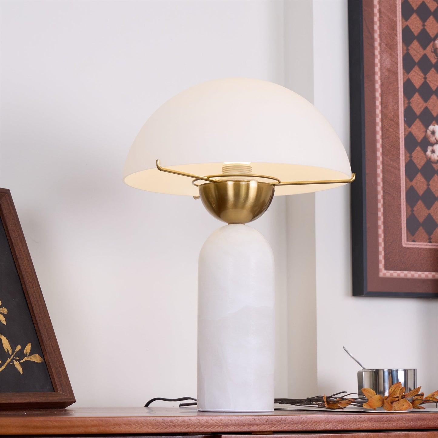 Alabaster Table Lamp | Spherical Design | White and Gold | 30cm Diameter