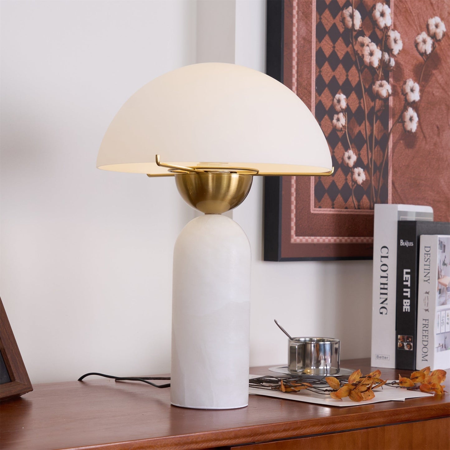 Alabaster Table Lamp | Spherical Design | White and Gold | 30cm Diameter