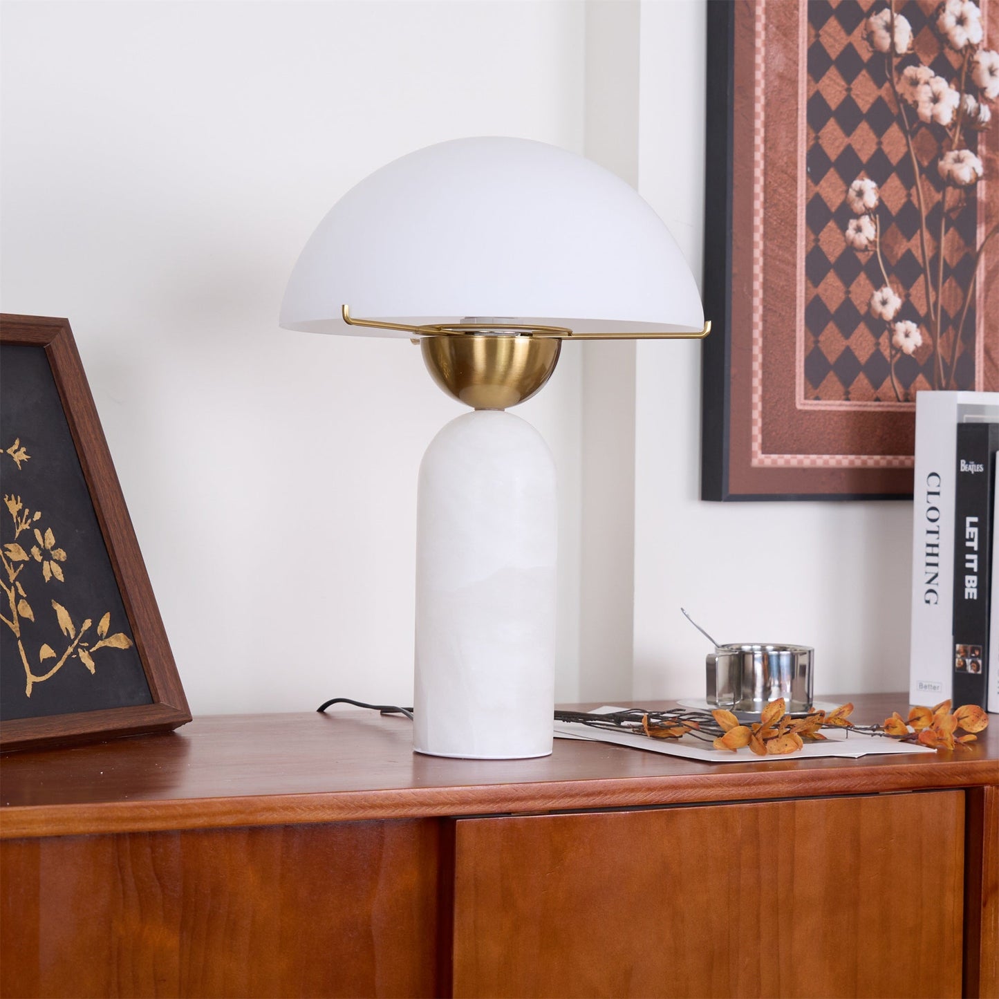 Alabaster Table Lamp | Spherical Design | White and Gold | 30cm Diameter