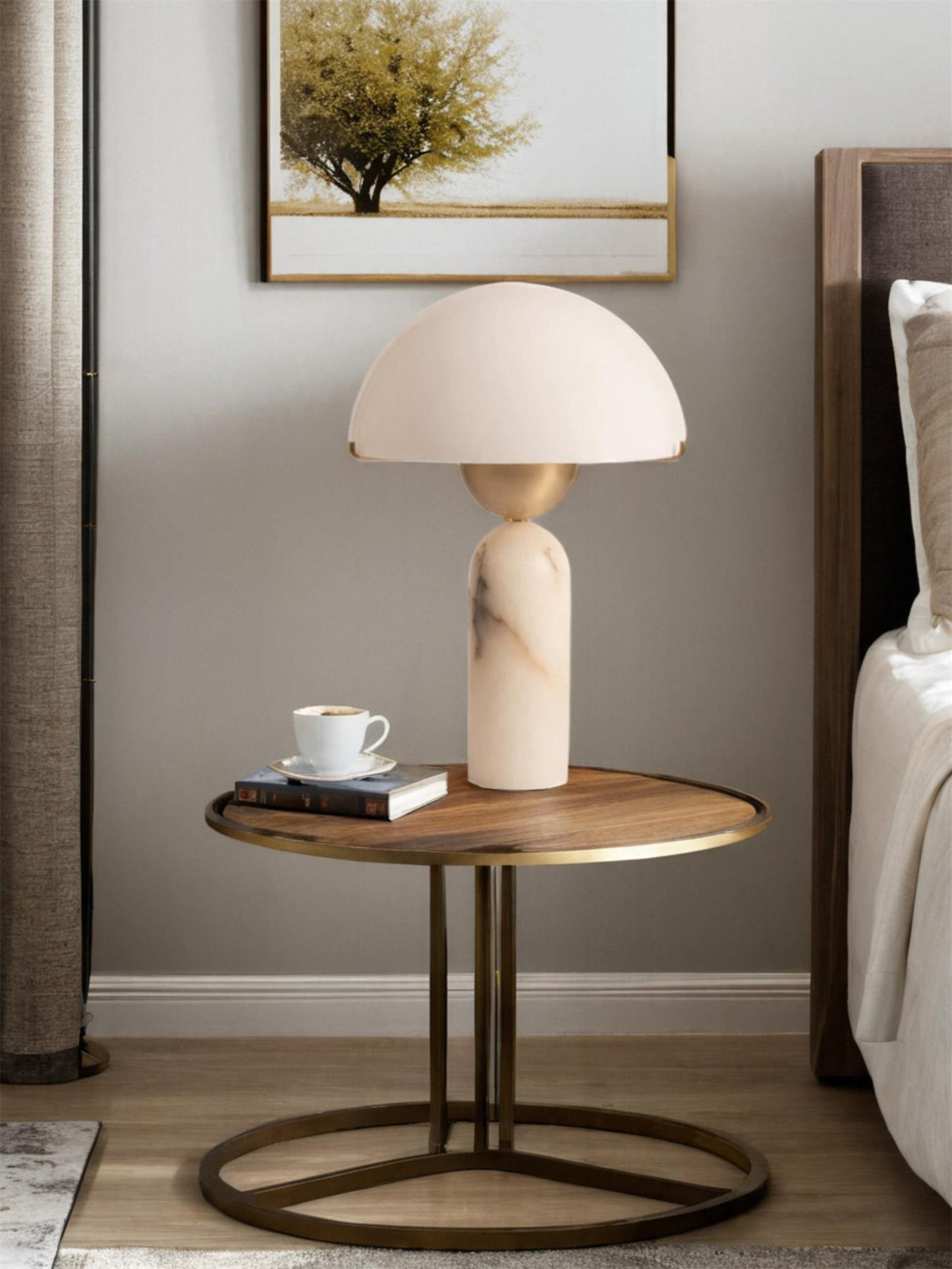 Alabaster Table Lamp | Spherical Design | White and Gold | 30cm Diameter