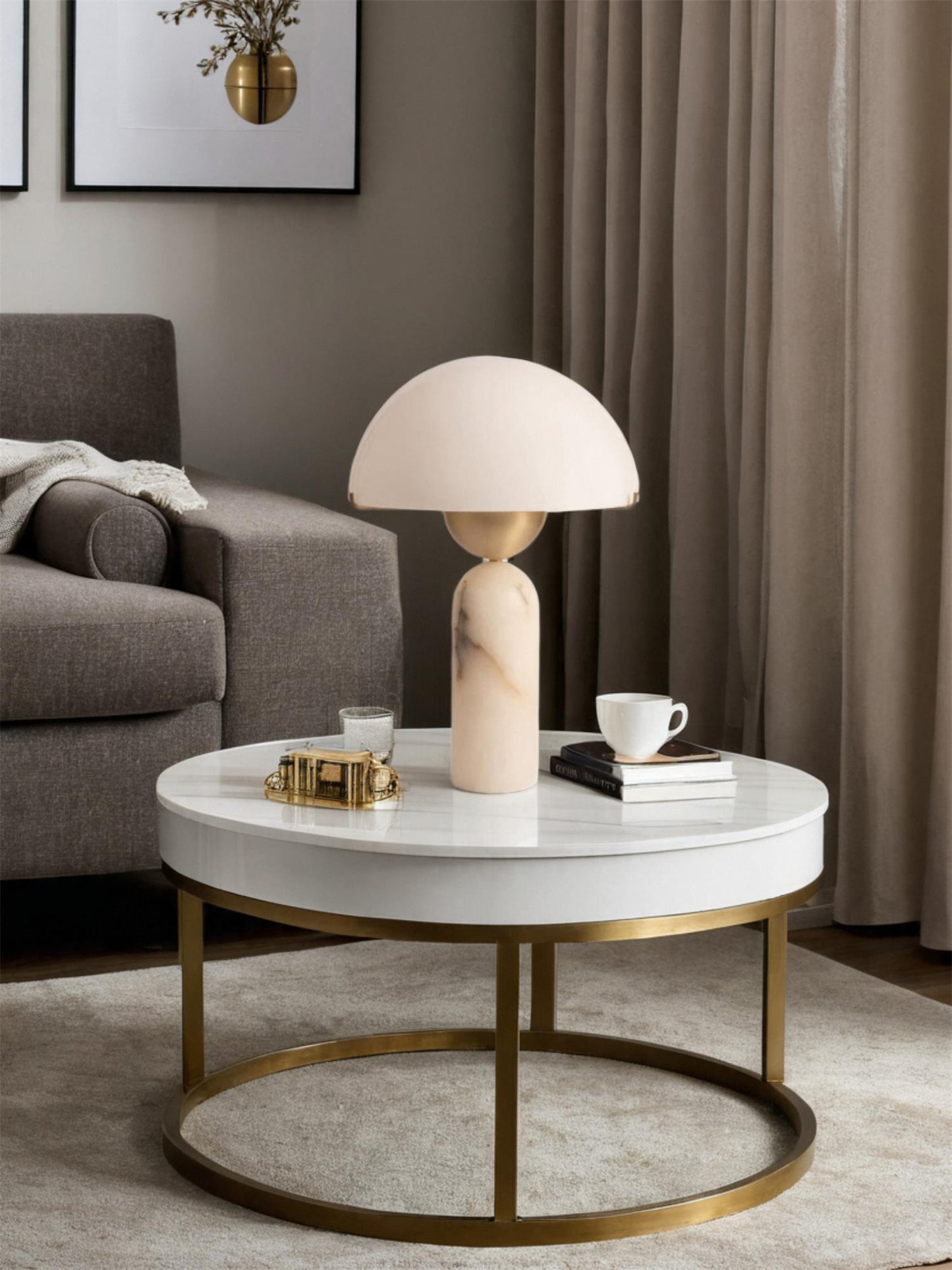 Alabaster Table Lamp | Spherical Design | White and Gold | 30cm Diameter