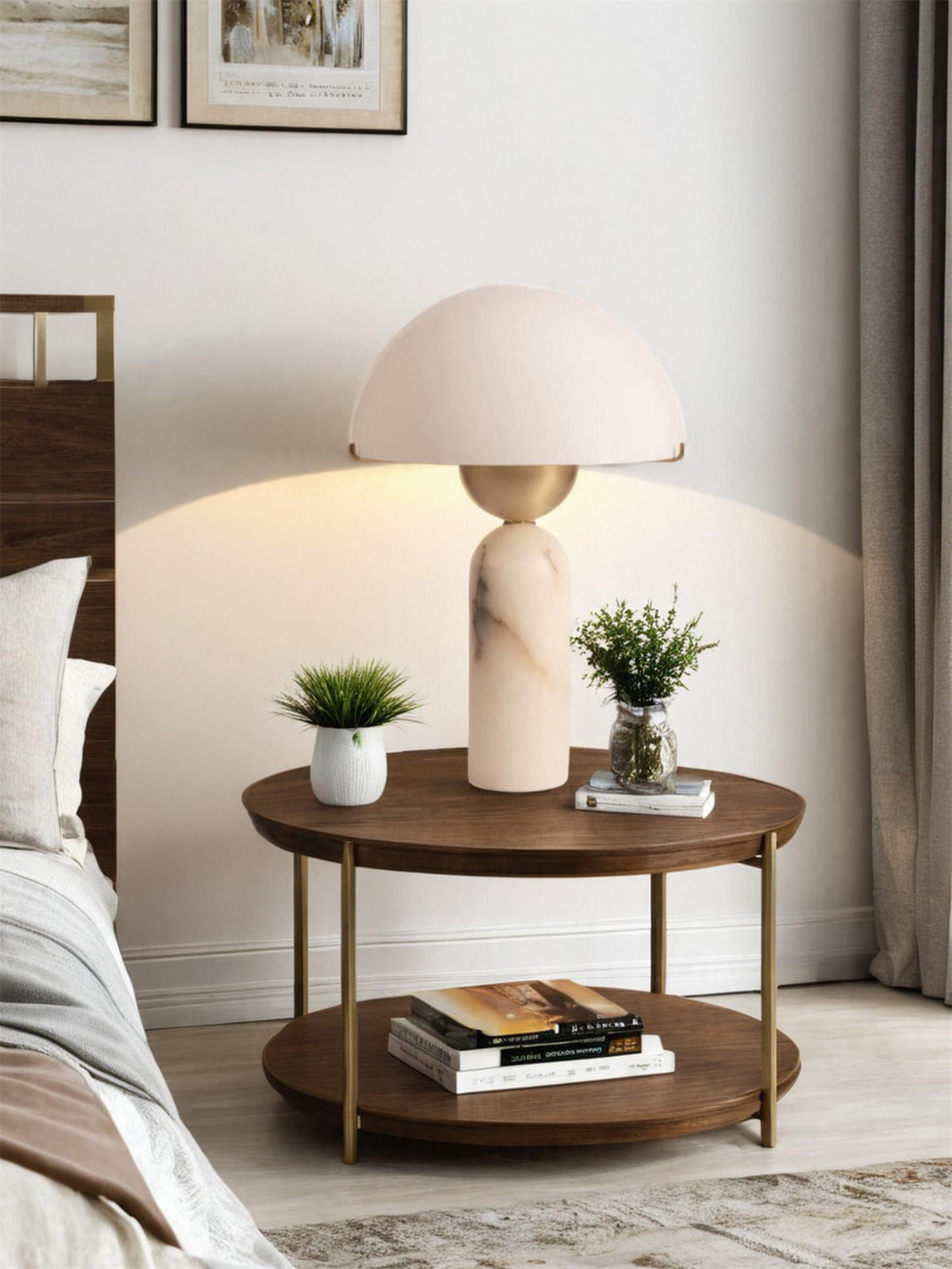 Alabaster Table Lamp | Spherical Design | White and Gold | 30cm Diameter