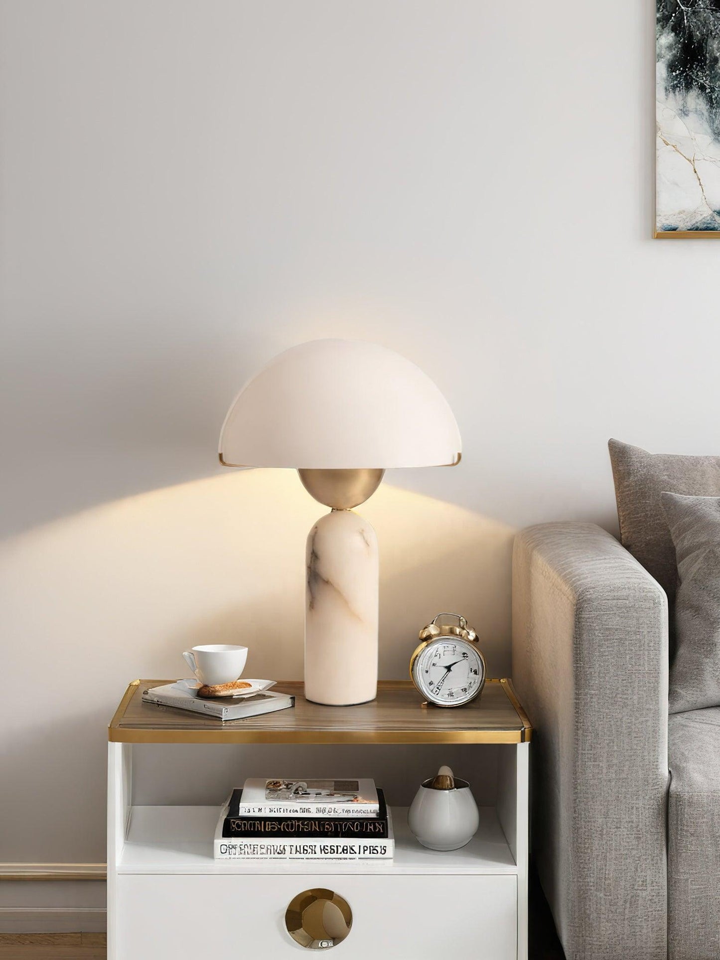 Alabaster Table Lamp | Spherical Design | White and Gold | 30cm Diameter
