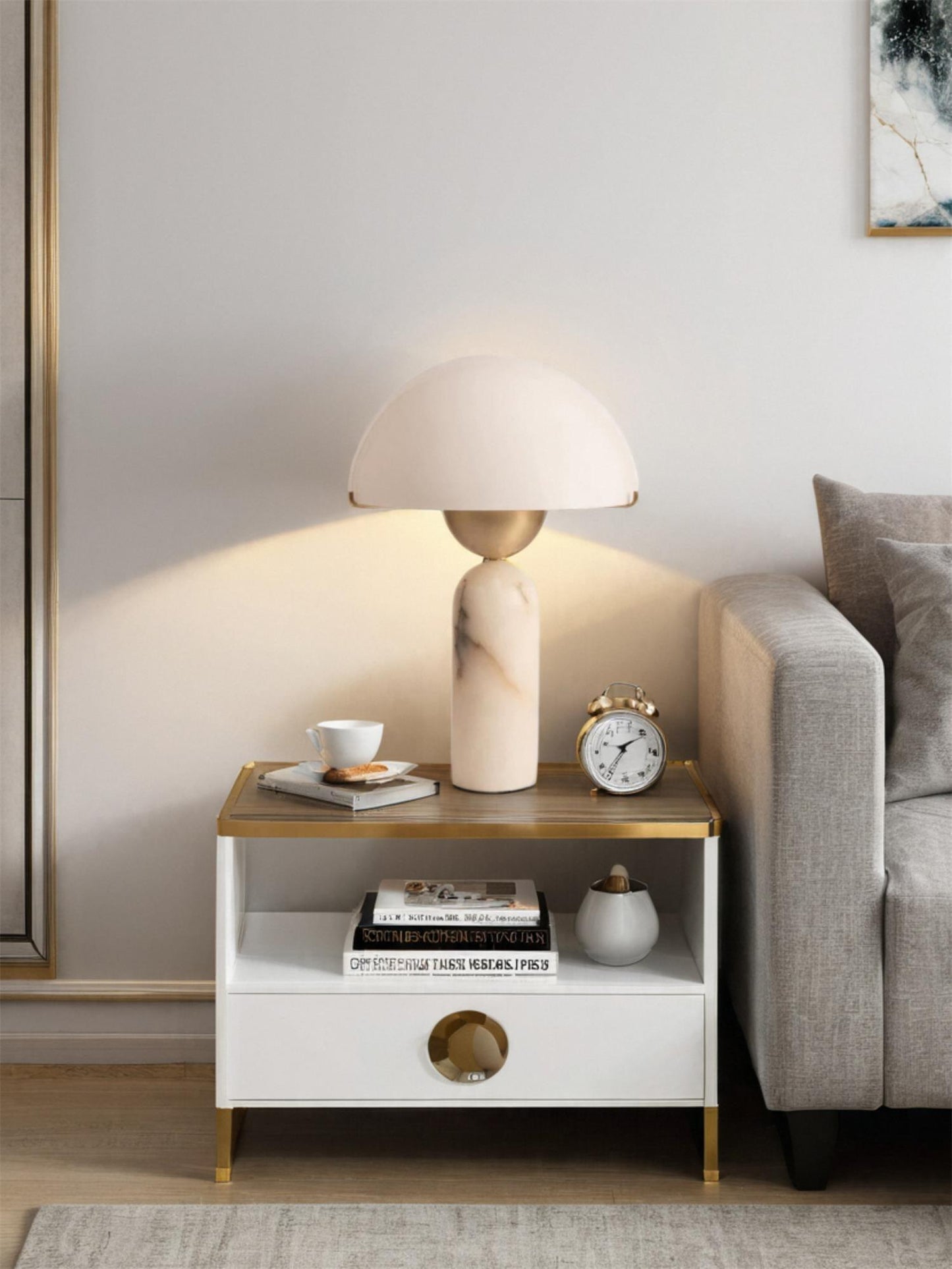 Alabaster Table Lamp | Spherical Design | White and Gold | 30cm Diameter