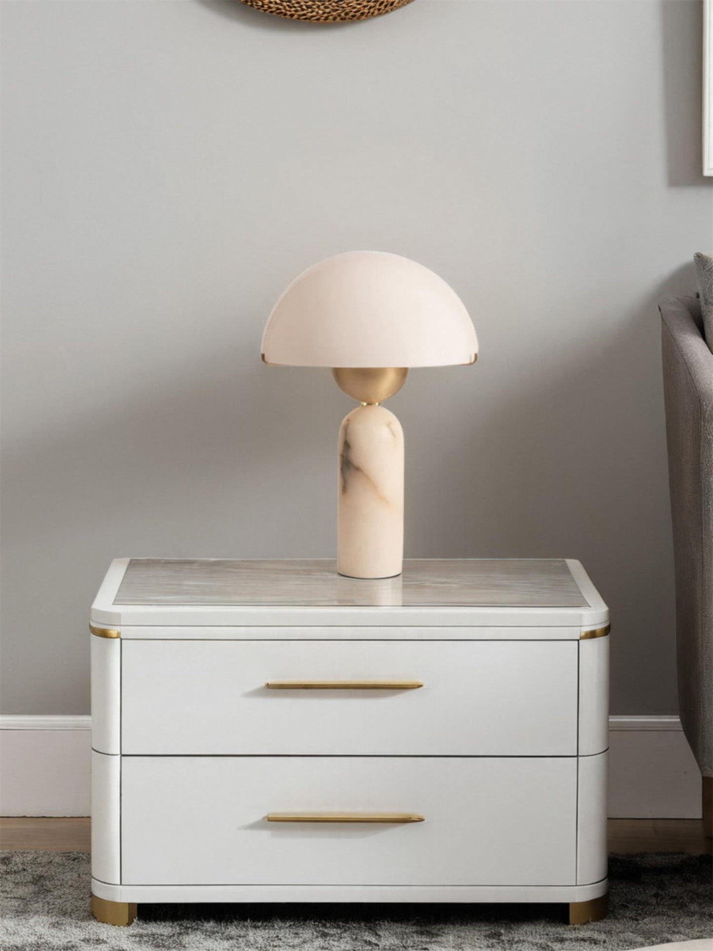 Alabaster Table Lamp | Spherical Design | White and Gold | 30cm Diameter
