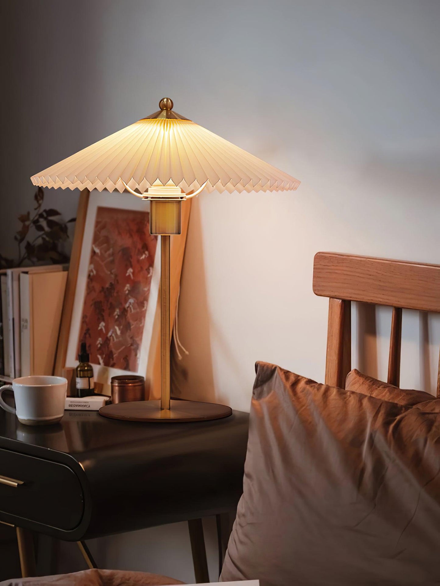 Pleated Table Lamp | Brushed Gold Base & Beige Shade | 36cm Diameter