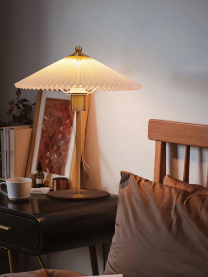Pleated Table Lamp | Brushed Gold Base & Beige Shade | 36cm Diameter
