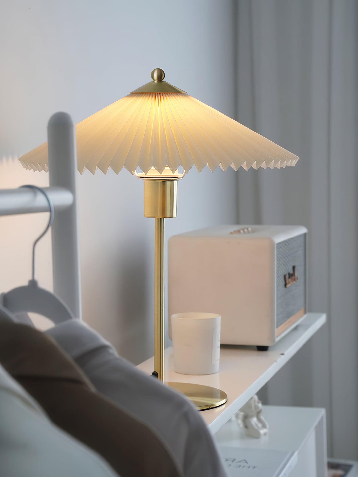 Pleated Table Lamp | Brushed Gold Base & Beige Shade | 36cm Diameter