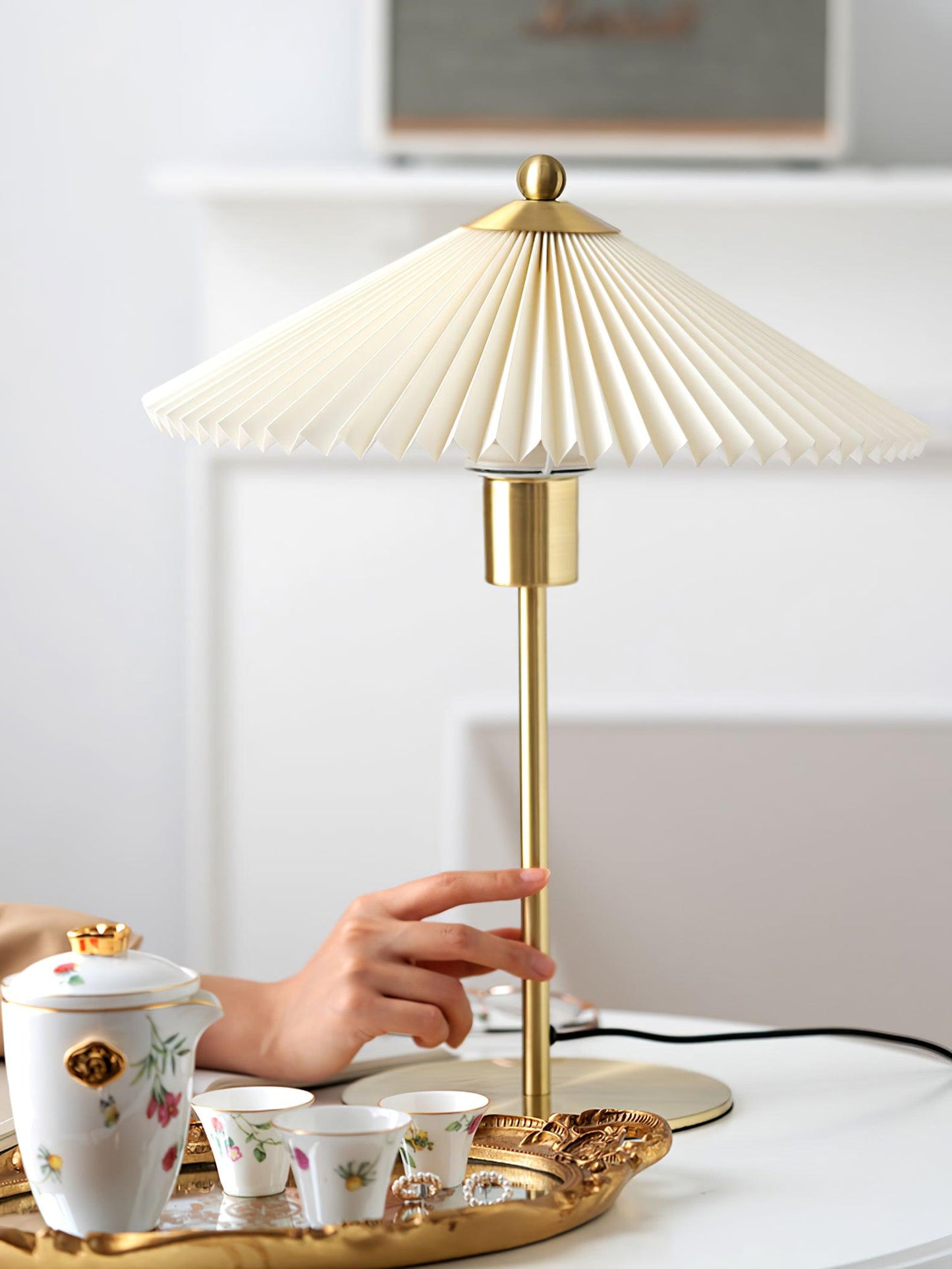 Pleated Table Lamp | Brushed Gold Base & Beige Shade | 36cm Diameter