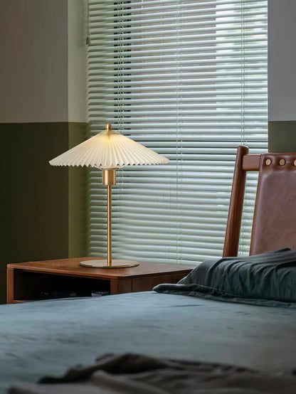 Pleated Table Lamp | Brushed Gold Base & Beige Shade | 36cm Diameter