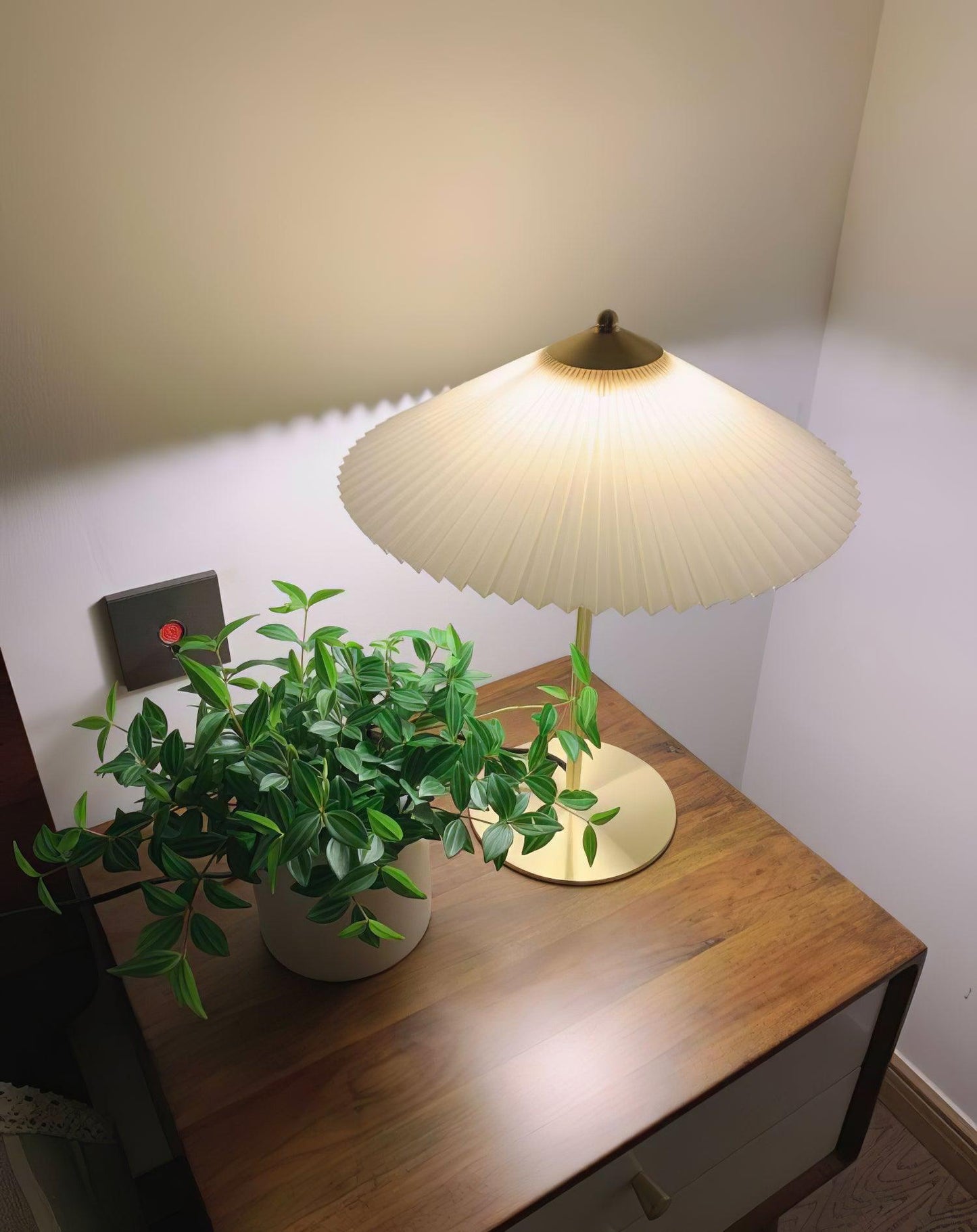 Pleated Table Lamp | Brushed Gold Base & Beige Shade | 36cm Diameter