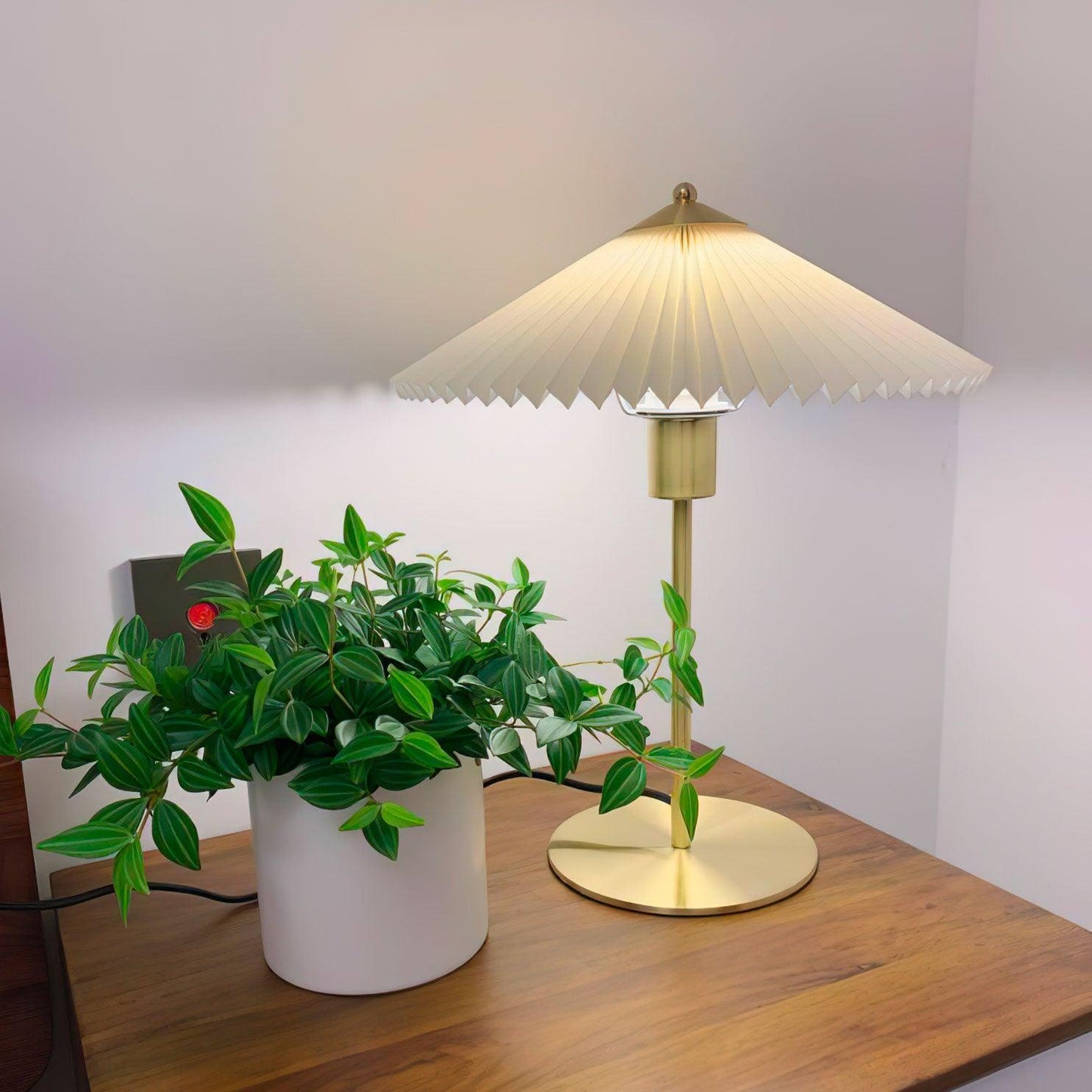 Pleated Table Lamp | Brushed Gold Base & Beige Shade | 36cm Diameter