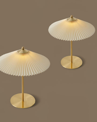 Pleated Table Lamp | Brushed Gold Base & Beige Shade | 36cm Diameter