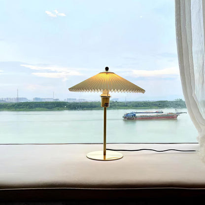 Pleated Table Lamp | Brushed Gold Base & Beige Shade | 36cm Diameter