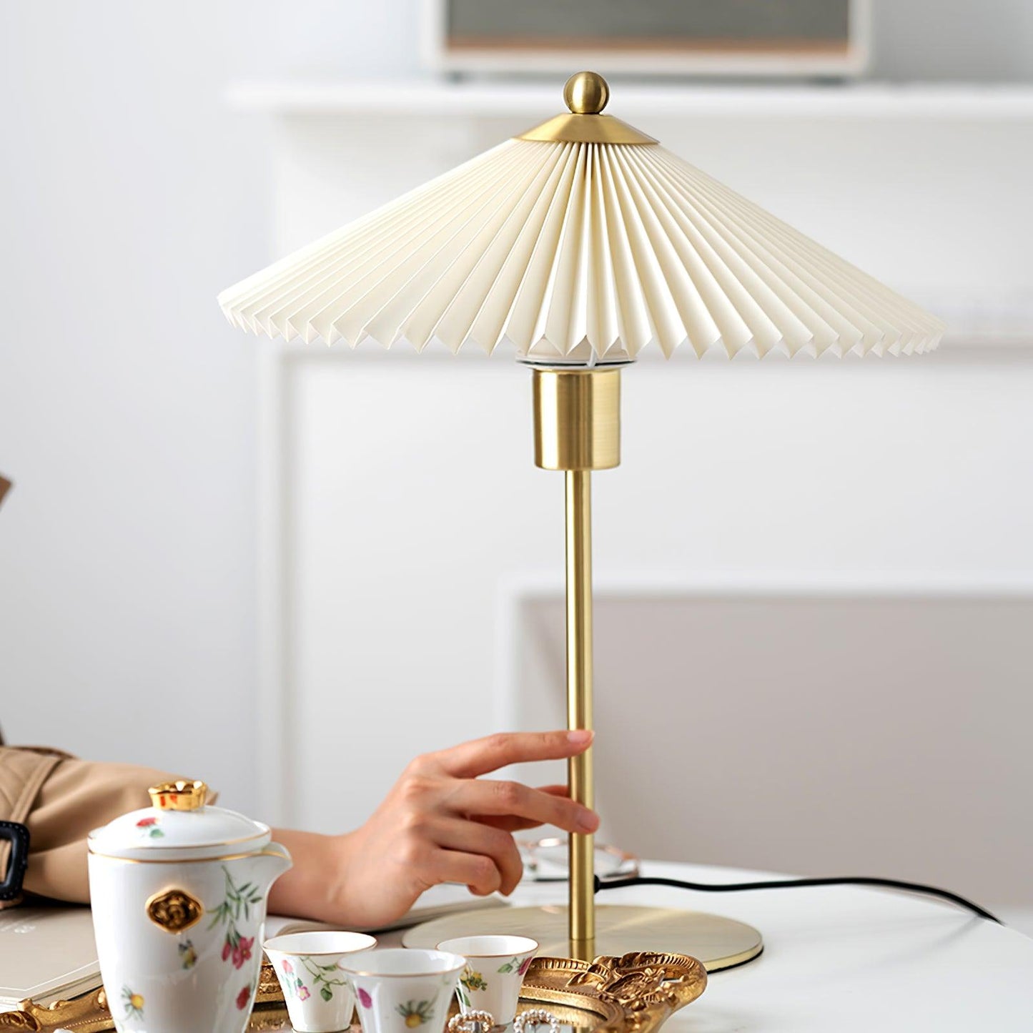 Pleated Table Lamp | Brushed Gold Base & Beige Shade | 36cm Diameter