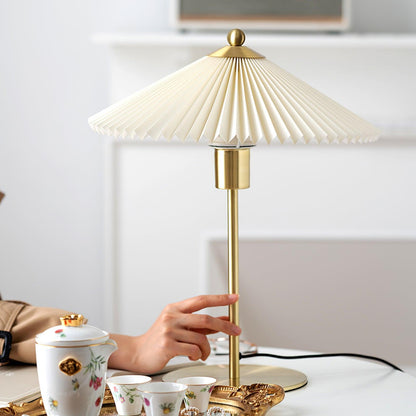 Pleated Table Lamp | Brushed Gold Base & Beige Shade | 36cm Diameter