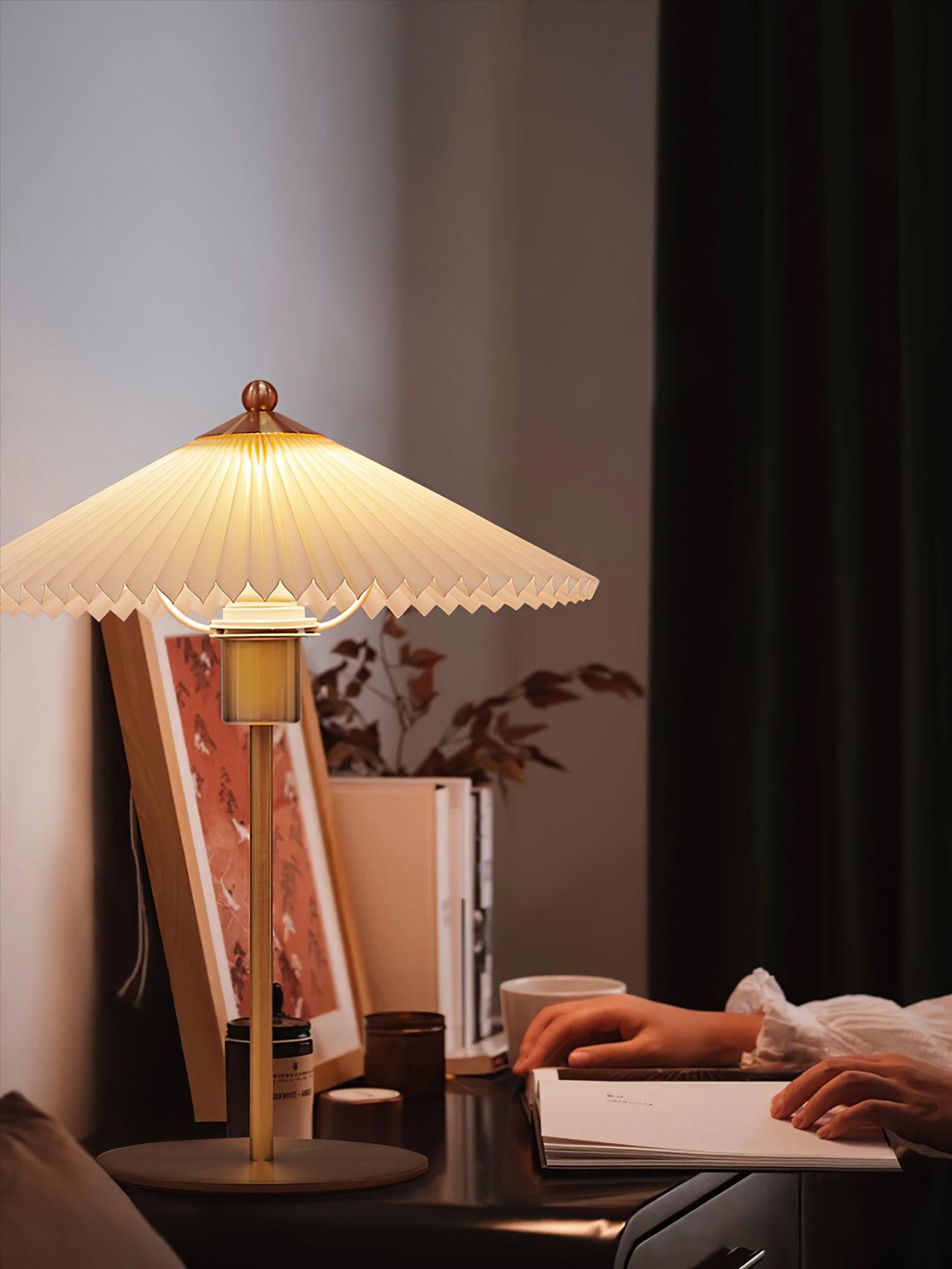 Pleated Table Lamp | Brushed Gold Base & Beige Shade | 36cm Diameter