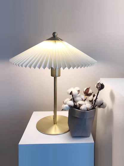 Pleated Table Lamp | Brushed Gold Base & Beige Shade | 36cm Diameter