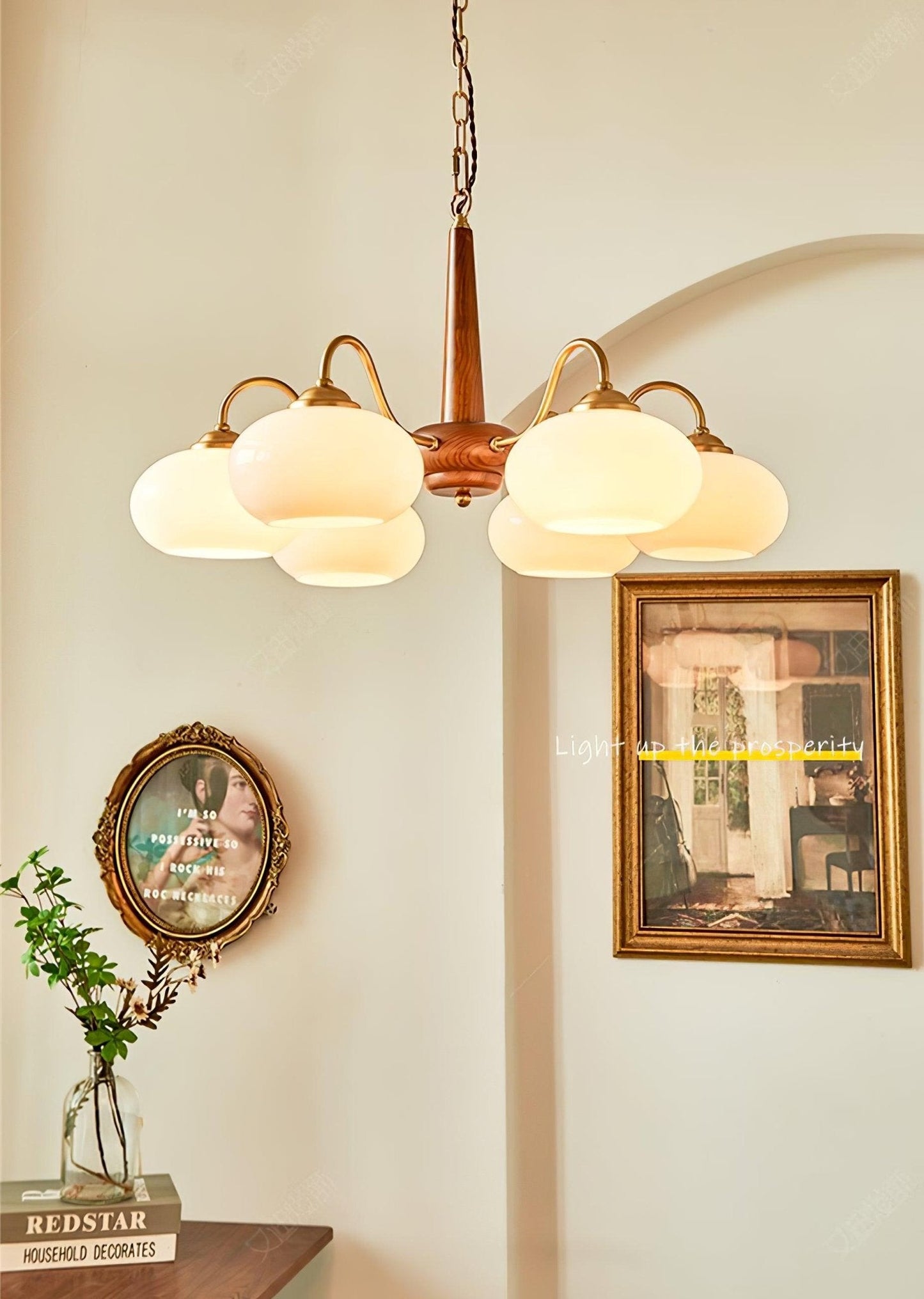 Persimmon Chandelier | Wood & Metal | Gold & Walnut Retro Style