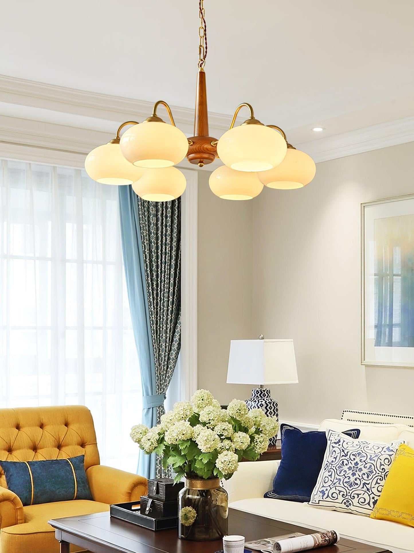 Persimmon Chandelier | Wood & Metal | Gold & Walnut Retro Style