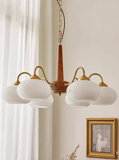 Persimmon Chandelier | Wood & Metal | Gold & Walnut Retro Style