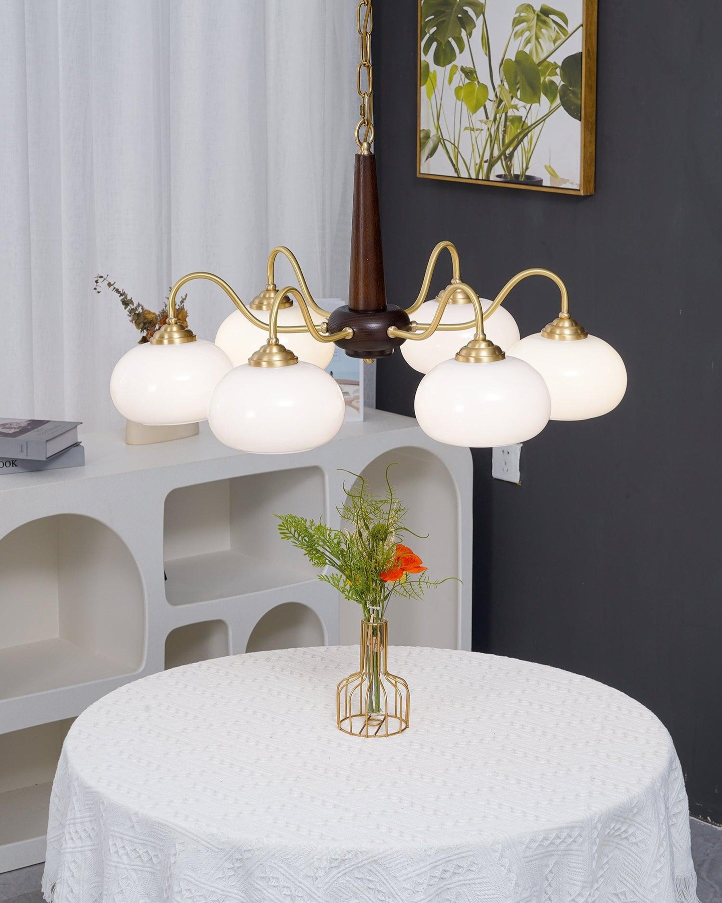 Persimmon Chandelier | Wood & Metal | Gold & Walnut Retro Style