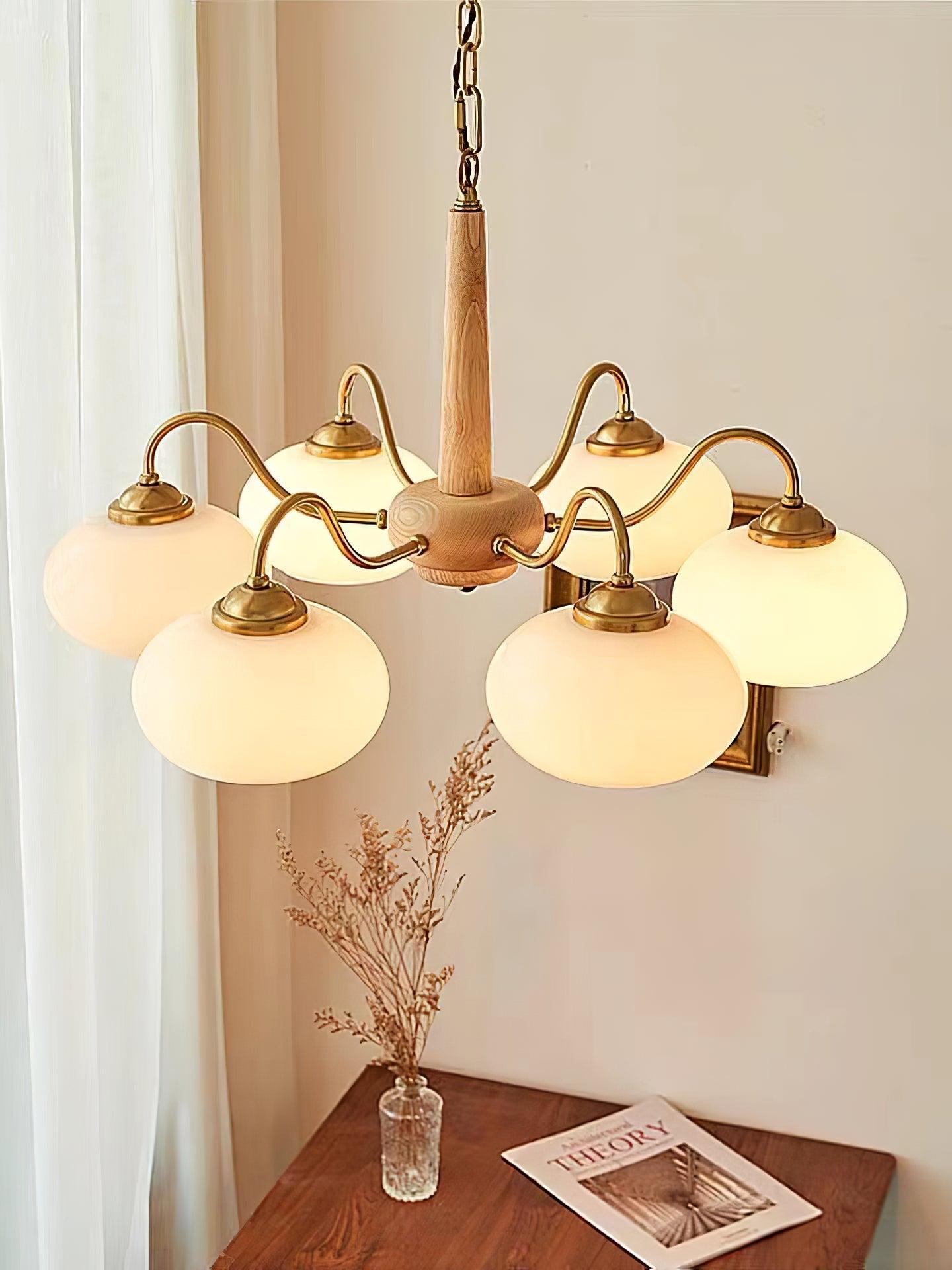 Persimmon Chandelier | Wood & Metal | Gold & Walnut Retro Style