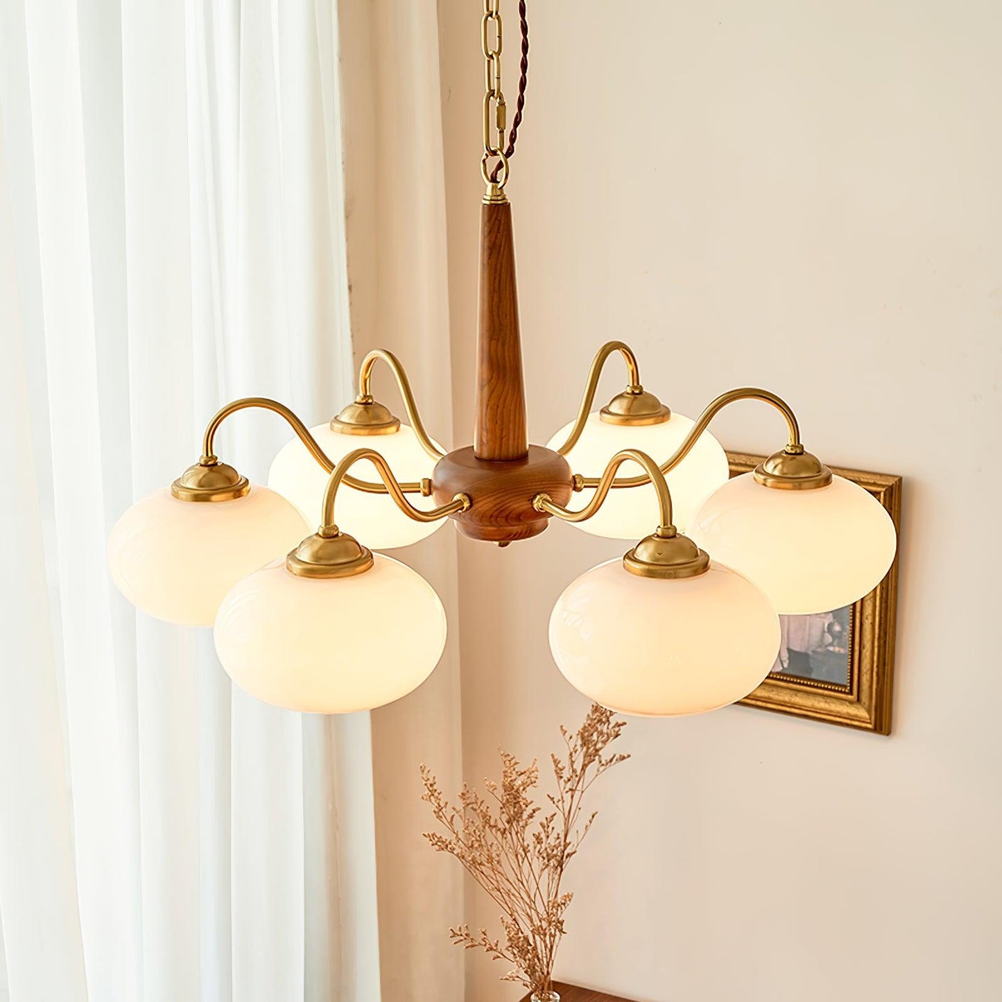 Persimmon Chandelier | Wood & Metal | Gold & Walnut Retro Style