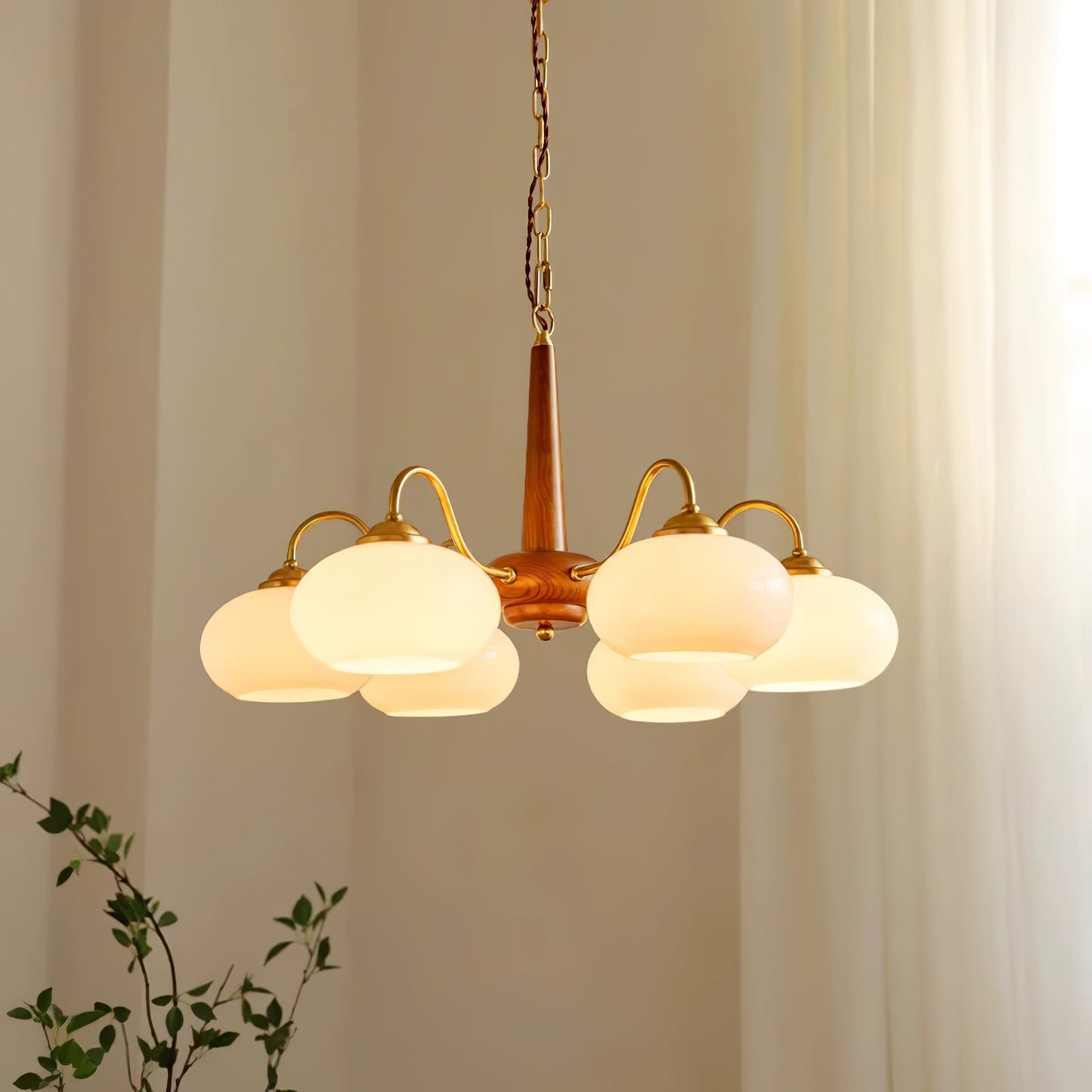 Persimmon Chandelier | Wood & Metal | Gold & Walnut Retro Style