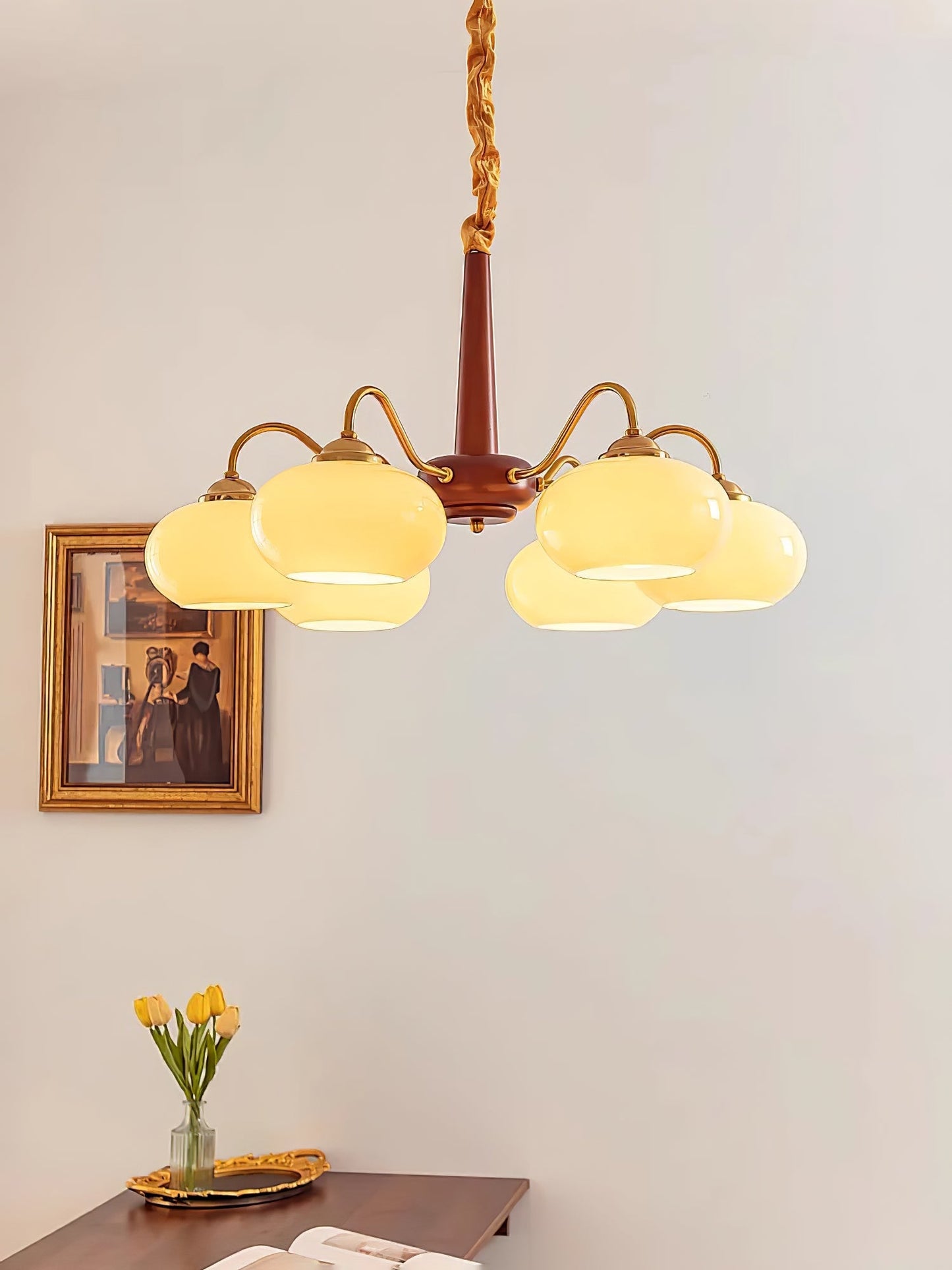Persimmon Chandelier | Wood & Metal | Gold & Walnut Retro Style