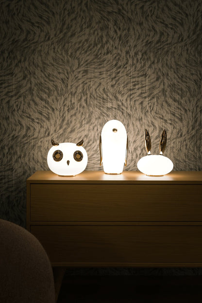 Animal Table Lamp | Frosted Glass & Gold Accents | Owl, Rabbit & Penguin Characters