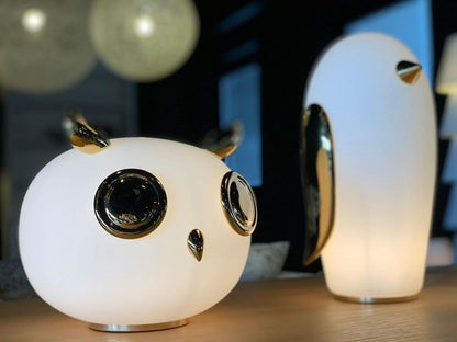 Animal Table Lamp | Frosted Glass & Gold Accents | Owl, Rabbit & Penguin Characters