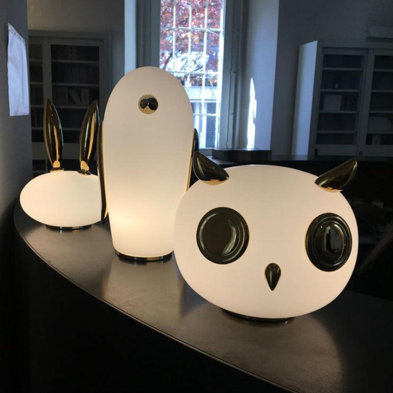 Animal Table Lamp | Frosted Glass & Gold Accents | Owl, Rabbit & Penguin Characters