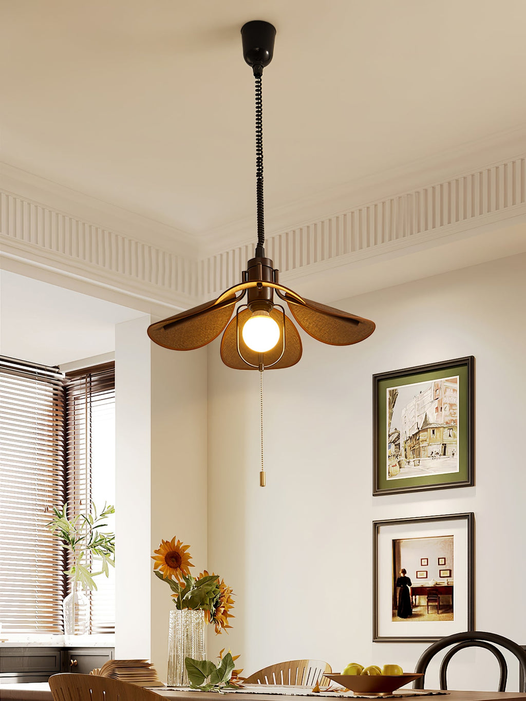 Petal Bloom Pendant Light | Metal & Fabric | Black Walnut Finish