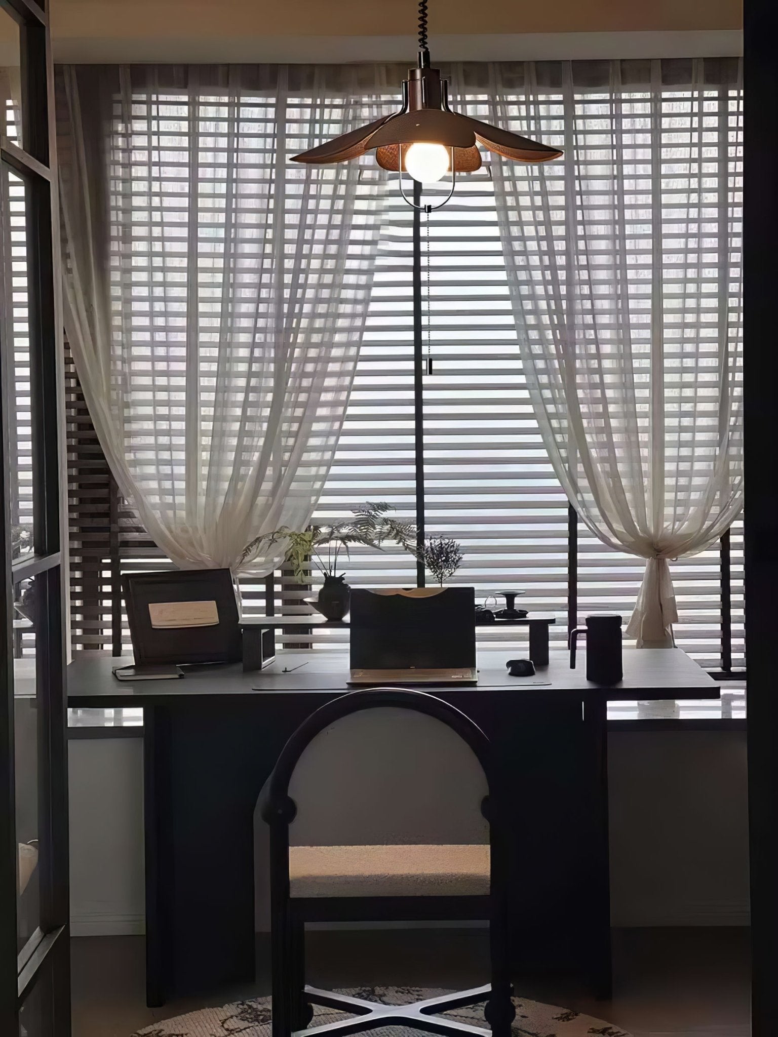 Petal Bloom Pendant Light | Metal & Fabric | Black Walnut Finish