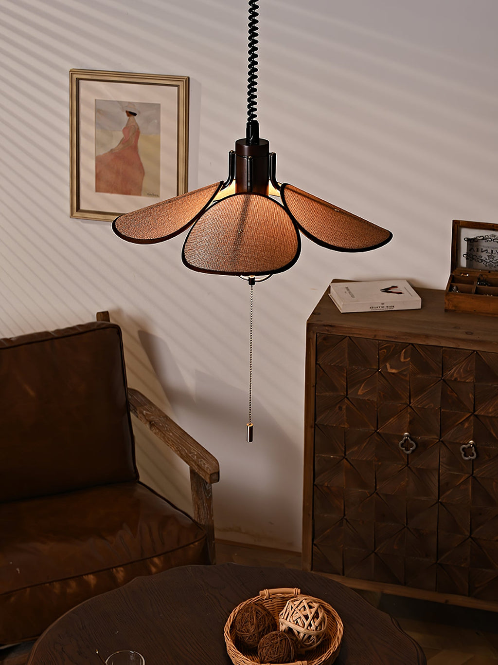 Petal Bloom Pendant Light | Metal & Fabric | Black Walnut Finish
