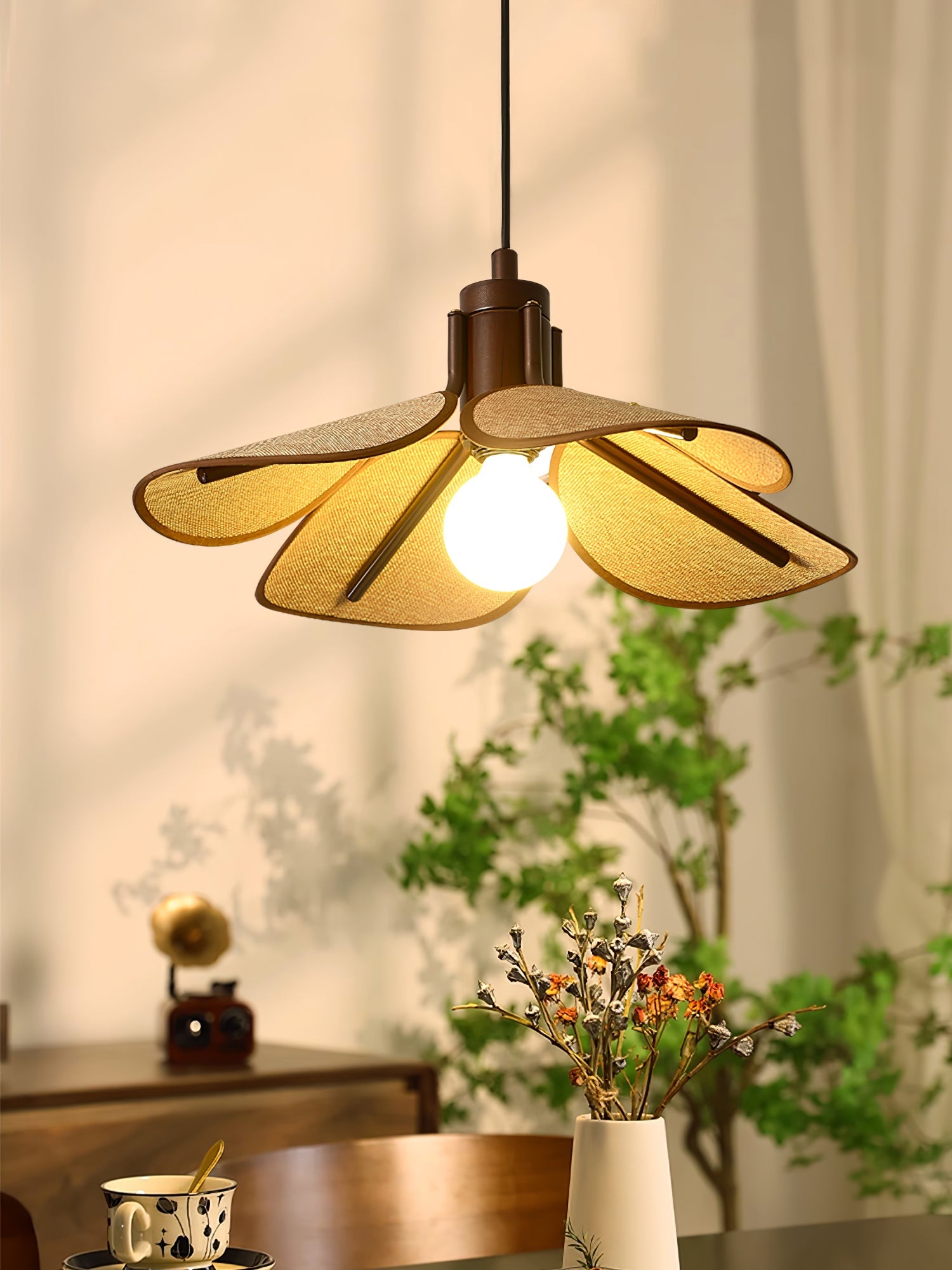 Petal Bloom Pendant Light | Metal & Fabric | Black Walnut Finish