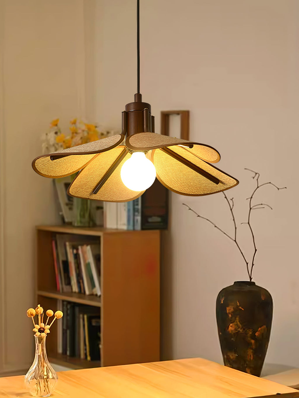 Petal Bloom Pendant Light | Metal & Fabric | Black Walnut Finish