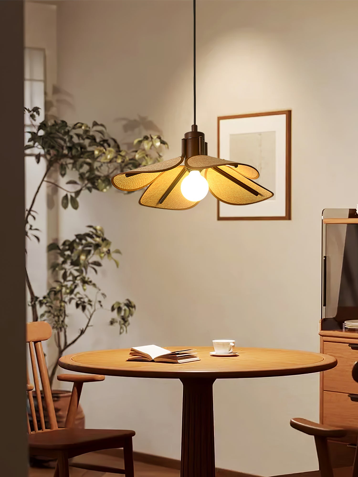 Petal Bloom Pendant Light | Metal & Fabric | Black Walnut Finish