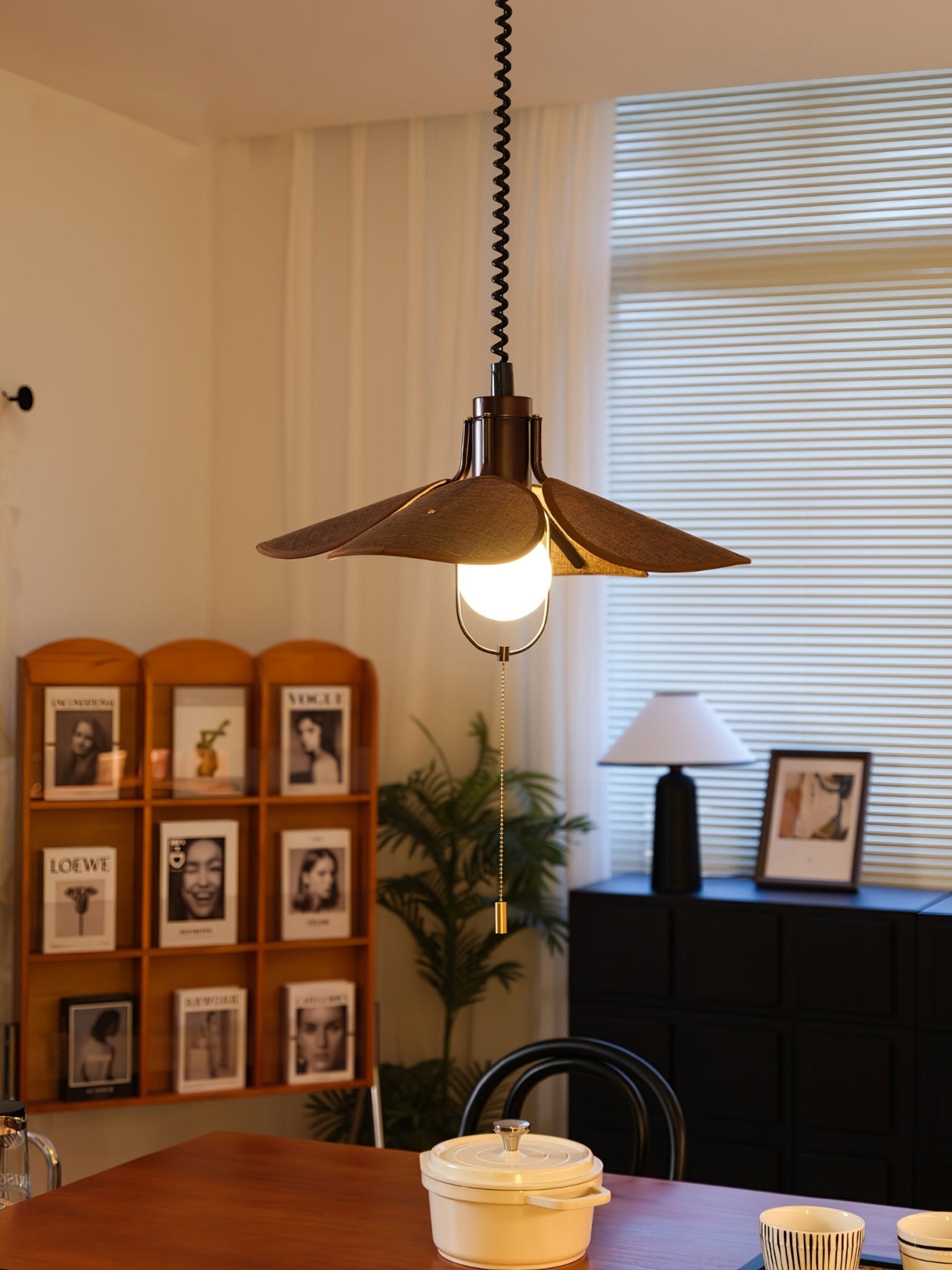 Petal Bloom Pendant Light | Metal & Fabric | Black Walnut Finish