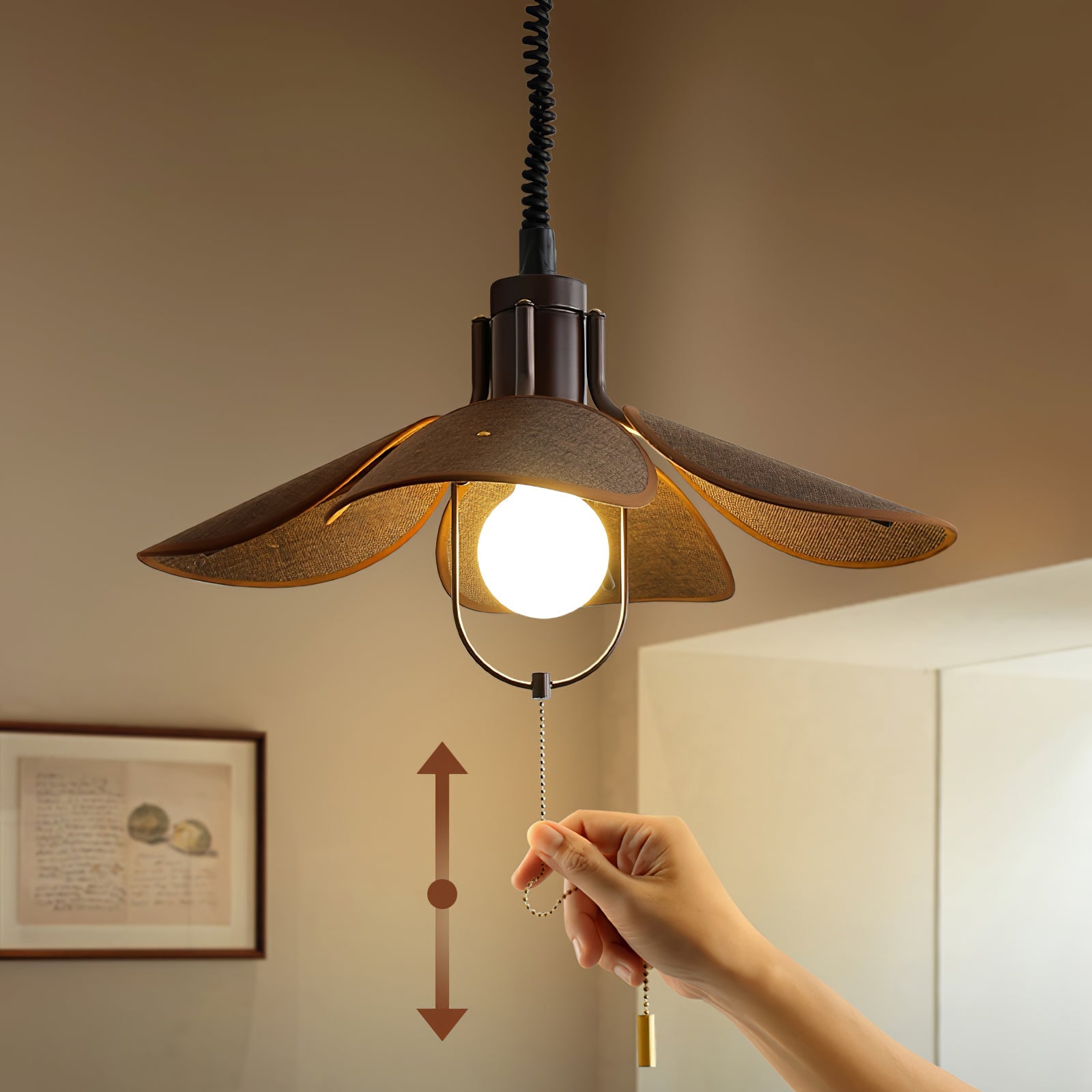 Petal Bloom Pendant Light | Metal & Fabric | Black Walnut Finish