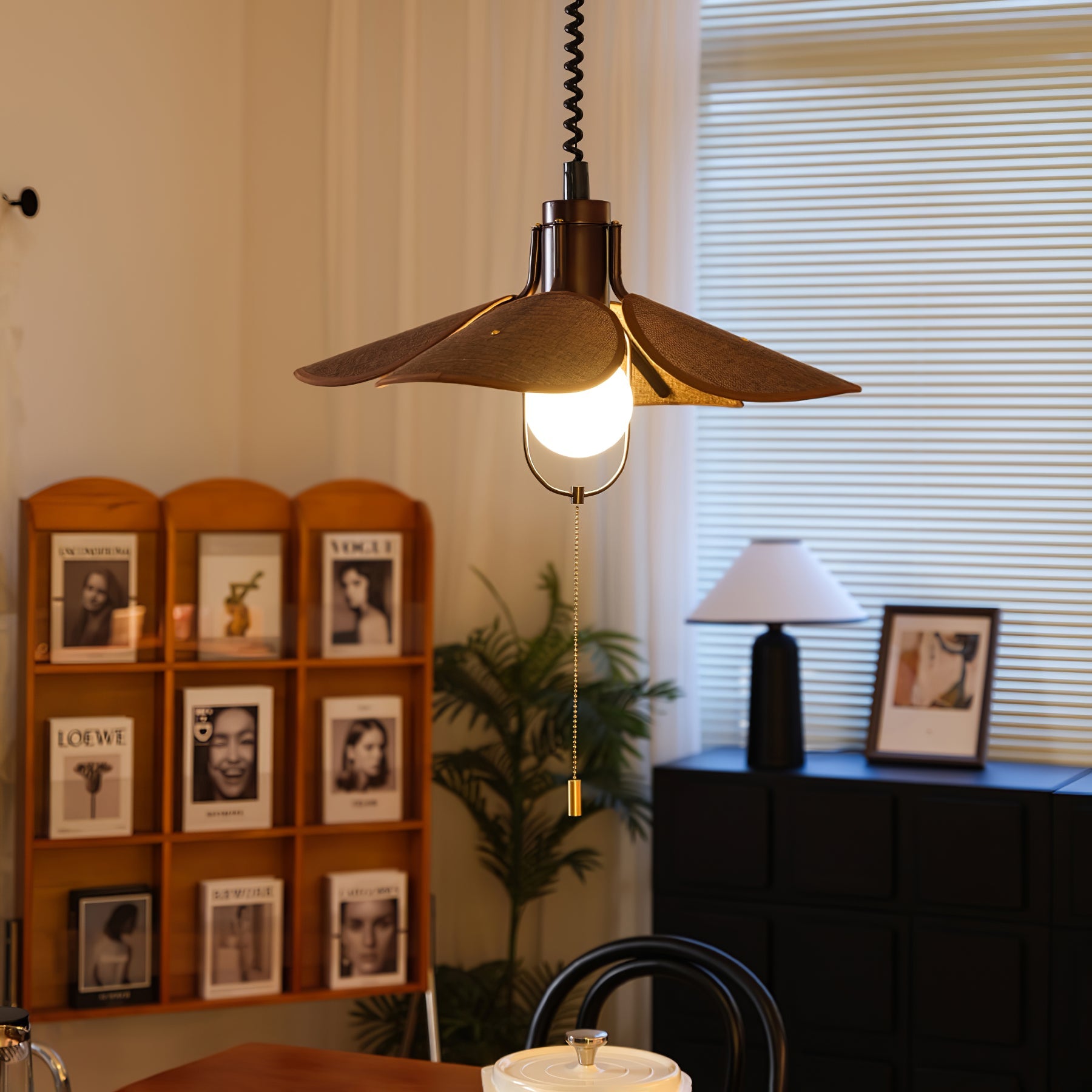 Petal Bloom Pendant Light | Metal & Fabric | Black Walnut Finish