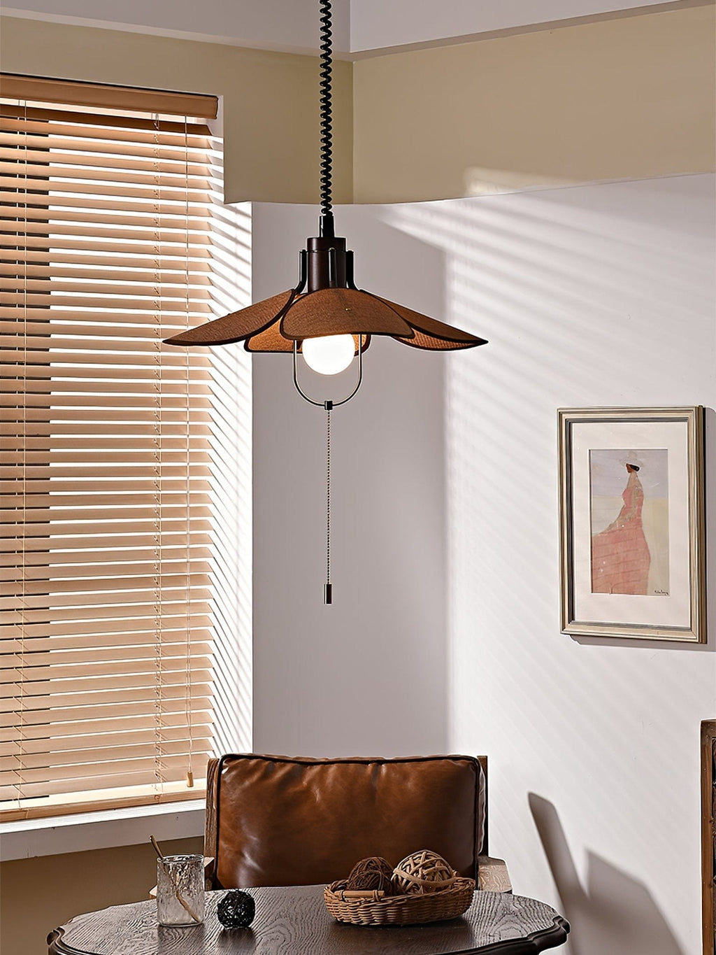 Petal Bloom Pendant Light | Metal & Fabric | Black Walnut Finish