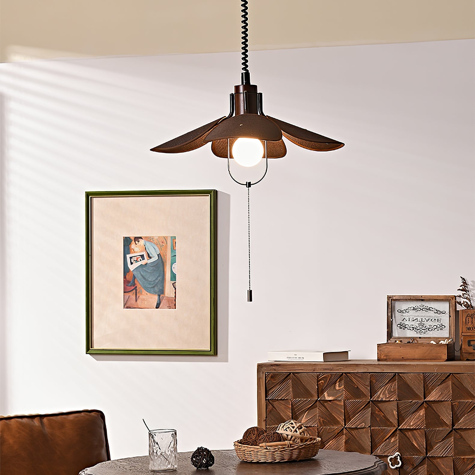 Petal Bloom Pendant Light | Metal & Fabric | Black Walnut Finish